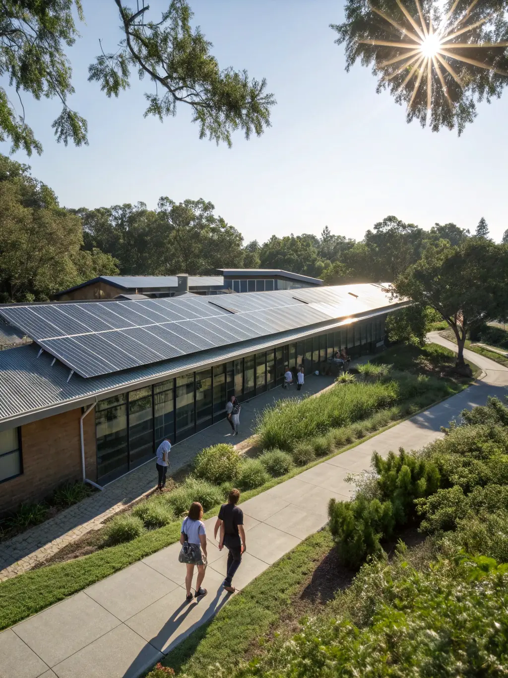 A modern school canopy structure integrated with solar panels, providing shade and renewable energy generation.