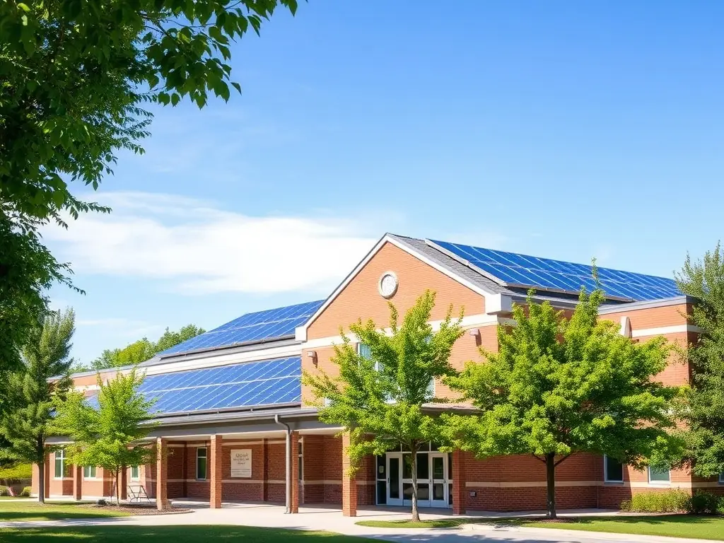 A close-up shot of solar panels installed on a school rooftop, showcasing the seamless integration with the building's architecture. The image should emphasize the efficient use of space and the clean energy generated.