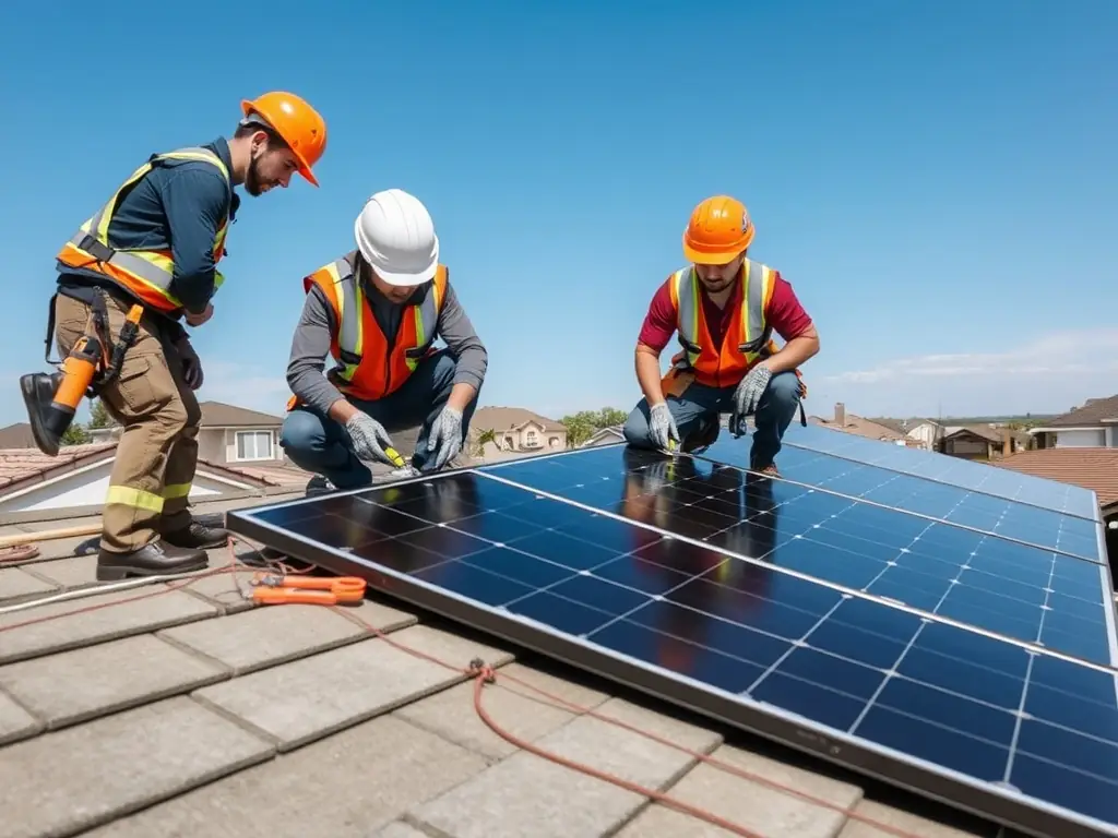 A photograph of Clear Energy Solar New Mexico technicians installing solar panels on a school building, showcasing the professional installation process and the integration of solar technology.