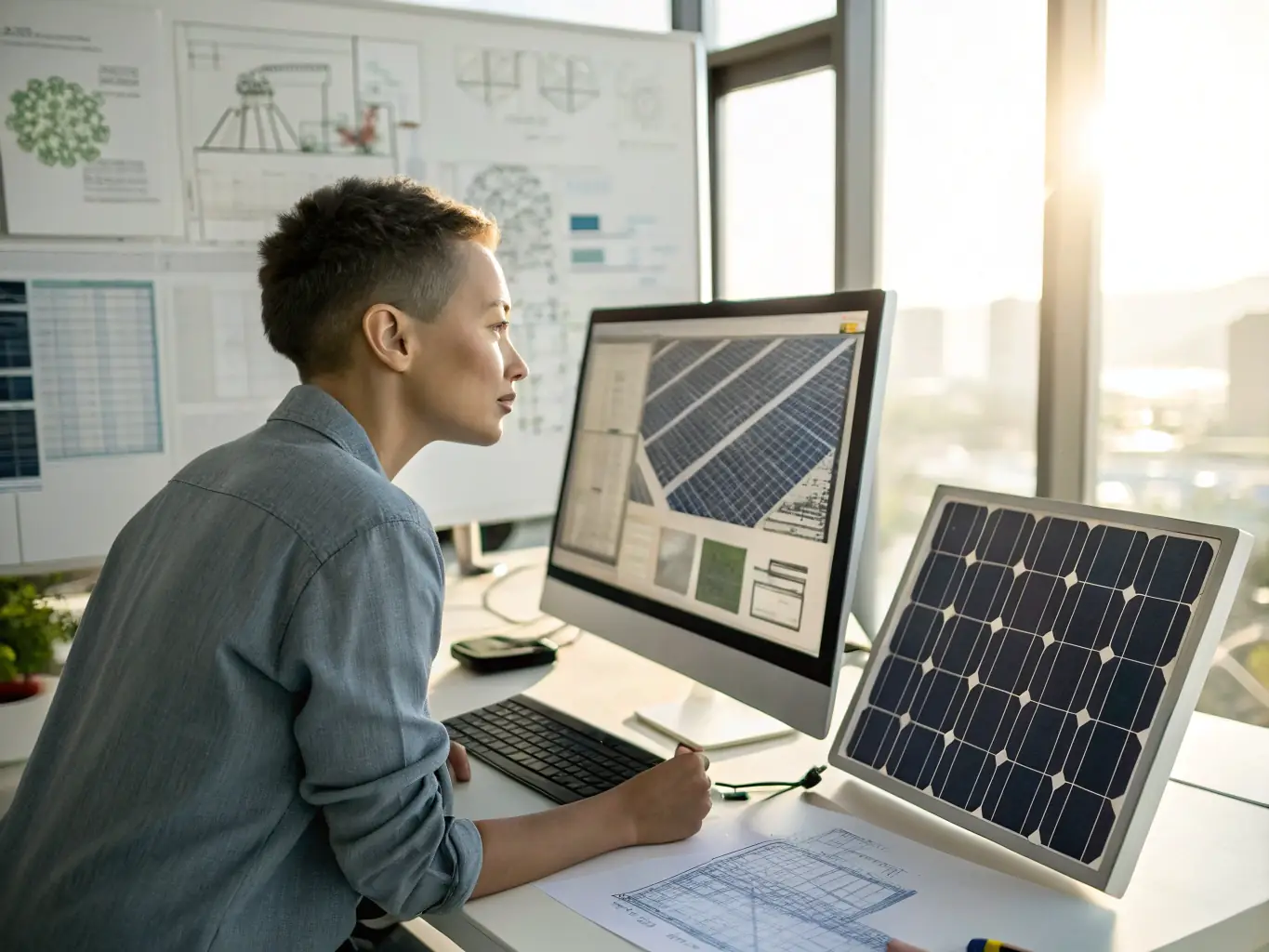 An image showing Clear Energy Solar New Mexico engineers using CAD software to design a solar panel layout for a school rooftop, ensuring optimal energy production and aesthetic integration.