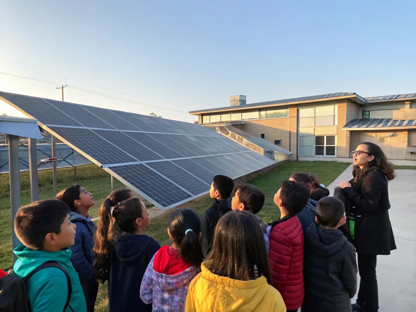 A vibrant photograph showcasing students gathered around a solar panel installation on a school campus, with a teacher explaining the technology. The scene emphasizes hands-on learning and engagement with renewable energy.