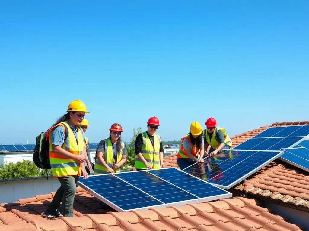 A group of students and local workers installing solar panels, showcasing job creation and educational opportunities.