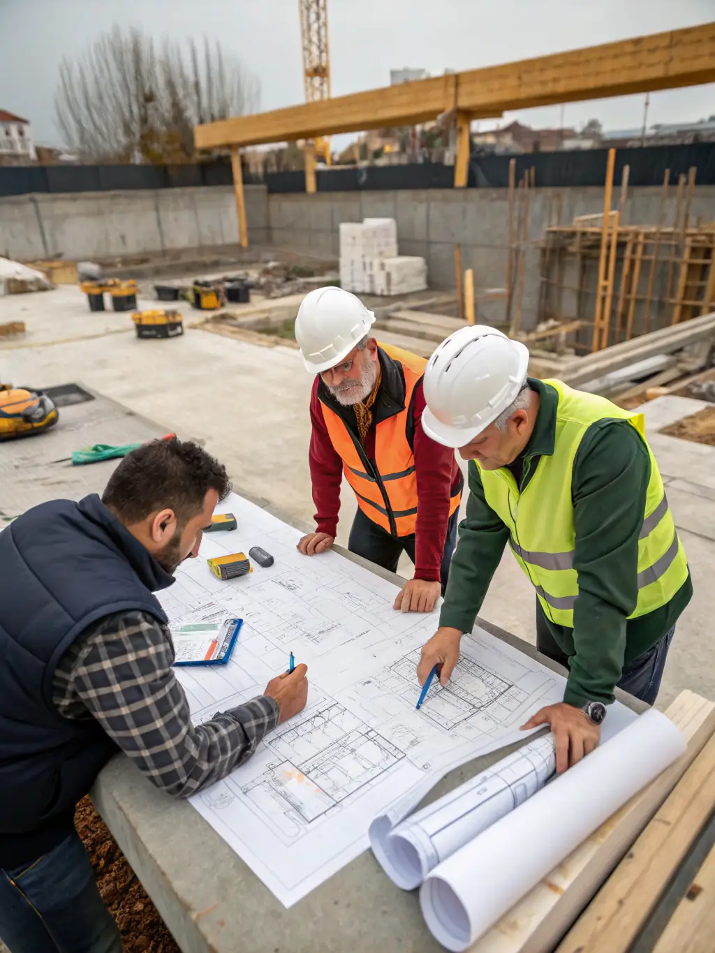 A photograph of CESNM project managers reviewing permitting documents and coordinating with local authorities to ensure compliance and timely approvals.