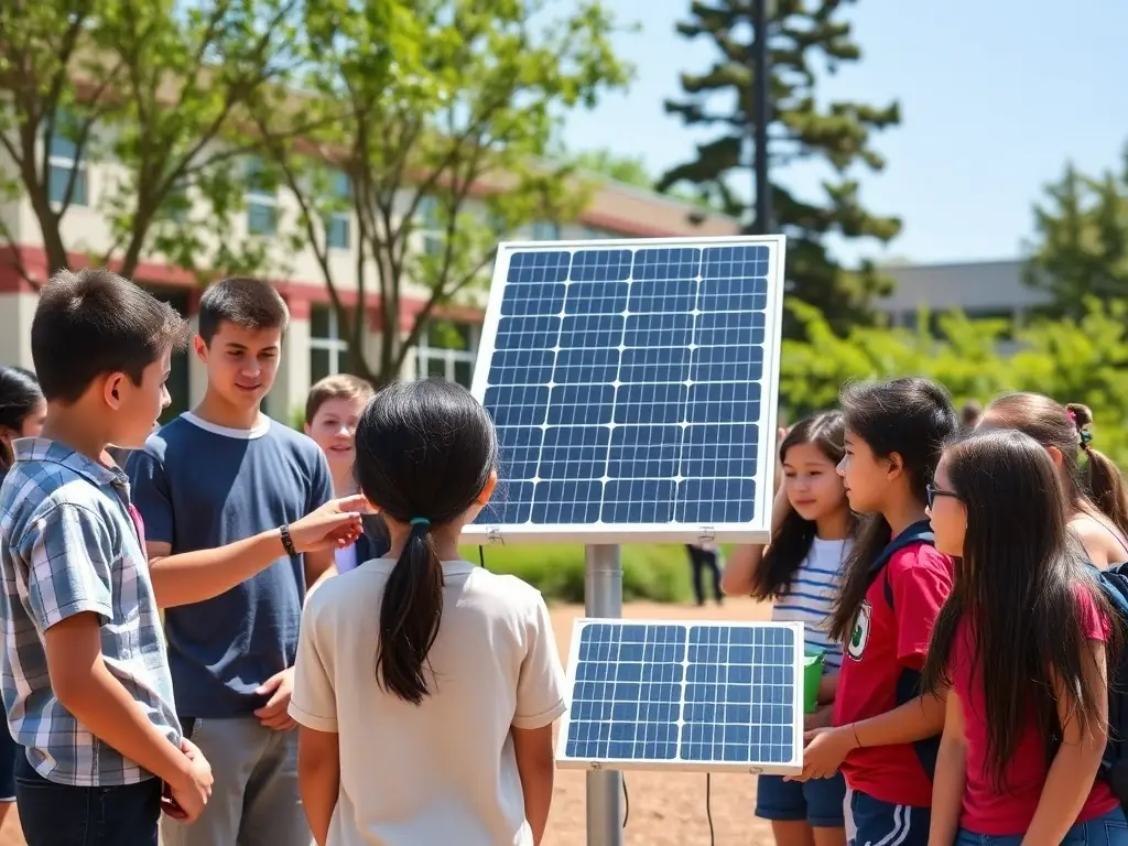 A wide shot of a ground-mounted solar panel array installed on school grounds, with students and teachers observing from a safe distance. The image should convey a sense of innovation and sustainability.