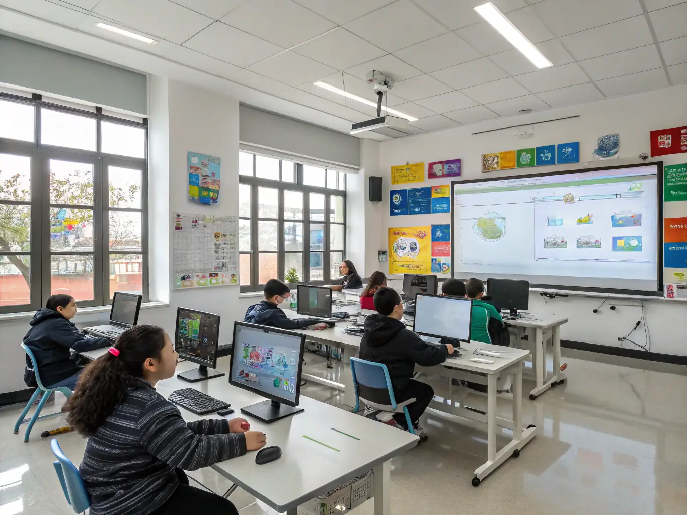A modern classroom setting with a digital display showing real-time data from the school's solar panel system. Students are actively analyzing the data, demonstrating the practical application of renewable energy technology.