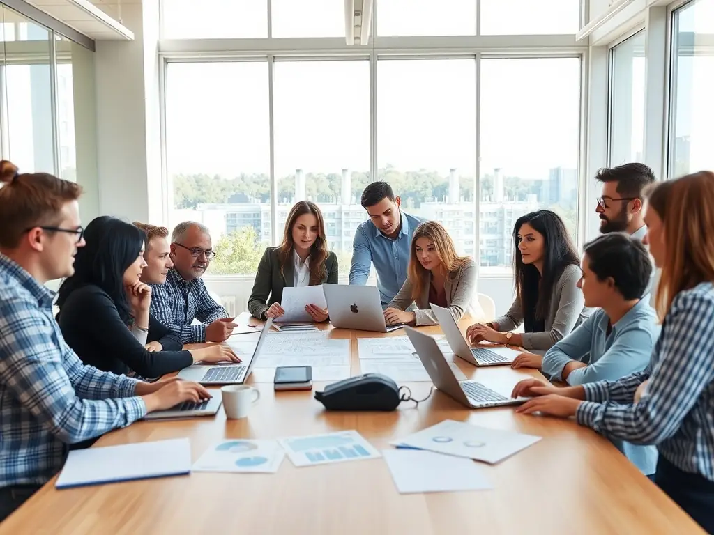 A photo depicting a Clear Energy Solar New Mexico consultant meeting with school administrators, reviewing site plans and discussing solar energy options in a bright, modern office setting.
